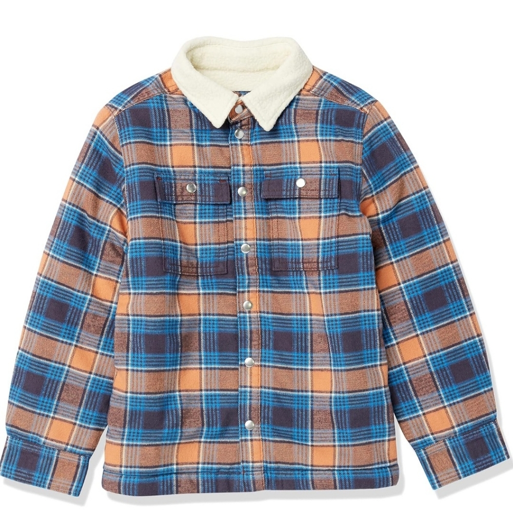 NWT Amazon Essentials Boys Flannel Shirt Jacket size 4t Orange Blue Shacket